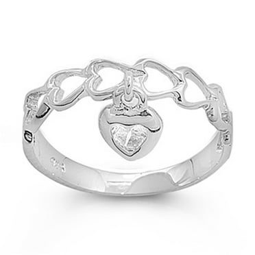 Dangling Heart Hanging Clear CZ Cluster Ring 925 Sterling Silver Band Sizes 4-10